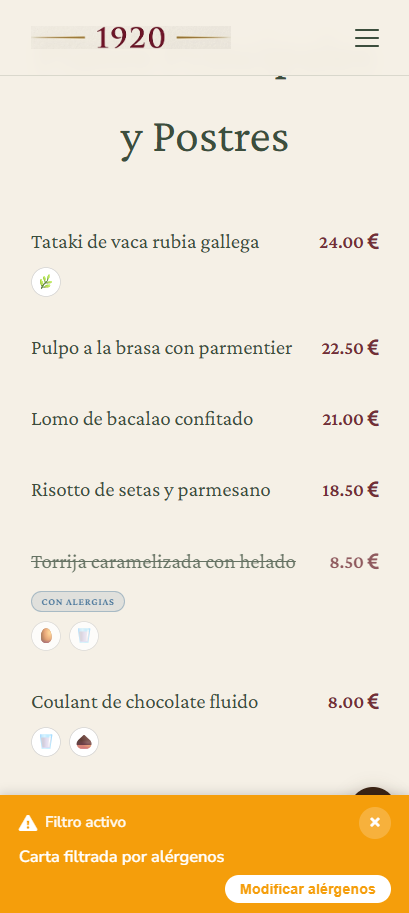 Carta digital con filtro de alérgenos aplicado: platos marcados y banner de filtro activo